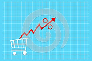 Concept of rising prices for products. Supermarket cart, and growth chart. Red arrow. Copy space. Lifestyle. Business