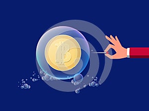 Concept of risk investment virtual digital money cryptocurrency. Hand holds a needle ready to pop Bitcoin in soap bubble.