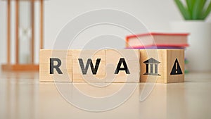Concept Risk weighted asset or RWA. business acronym. Cubes with letters and bank icon