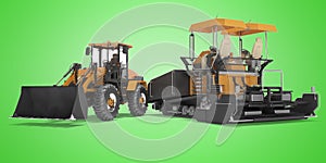 Concept road construction equipment wheeled bulldozer and tracked paver 3d rendering on green background with shadow