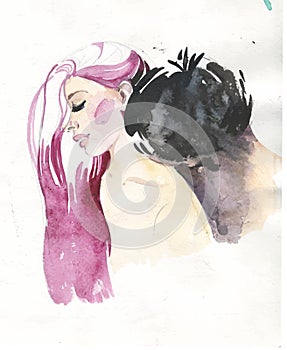 The concept of a romantic stroll. A man kisses a girl in the neck. Watercolor illustration caucasian man and pink hair woman