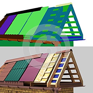 Concept roof of the house concept different types of roofing on a wooden frame 3d render with alpha