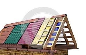 Concept roof of the house concept different types of roofing on a wooden frame 3d render on white