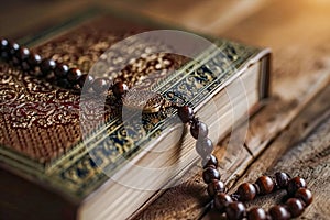 Concept of sacred arab book with praying beads