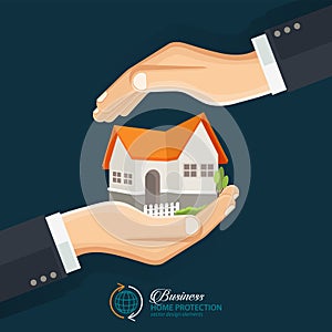 The concept of safe houses, Two hands protecting the house. Real Estate business infographic with icons.