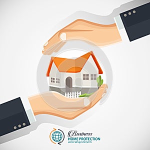 The concept of safe houses, Two hands protecting the house. Real Estate business infographic with icons.