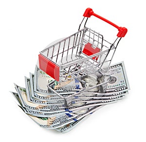 The concept of sales. Shopping cart and dollars isolated