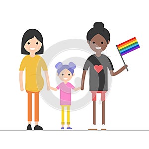 Concept of same-sex marriage. Happy family is going for a walk. Two mothers and son. Flat vector illustration.