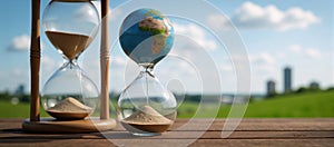 Sand clock featuring the image of Earth signifying Earth Overshoot Day emphasizing the urgent need for ecological sustainability photo