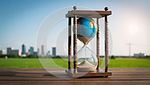 Sand clock featuring the image of Earth signifying Earth Overshoot Day emphasizing the urgent need for ecological sustainability photo