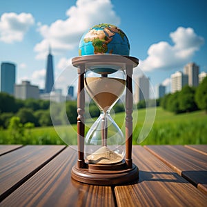 Sand clock featuring the image of Earth signifying Earth Overshoot Day emphasizing the urgent need for ecological sustainability photo