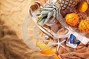 Concept of sandy beach holiday, top view. Sand background with copy space for text, flat lay. Egypt vacation concept