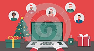 Concept of Santa Claus hand using a laptop searching location of children on the world