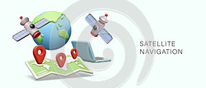 Concept of satellite navigation. 3D Earth, space stations, laptop, map with red geotags