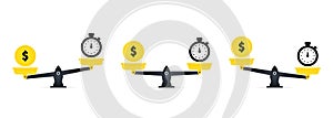 Concept save time, Money saving. Time is money on scales icon. Money and time balance on scale. Financial investments, revenue