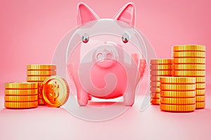 Concept of saving,deposit,investment,and wealth,piggy bank on stack of gold coins,on isolated pink background,saving and financial