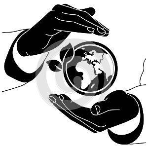Concept of saving the earth, nature, ecology or hands holding the world with a sprout icon flat logo in black color on isolated