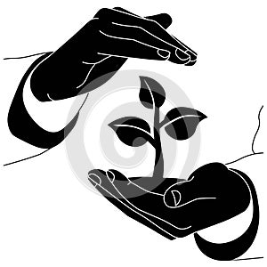 Concept of saving the earth, nature, ecology or two hands holding the world with a sprout icon flat logo in black color on