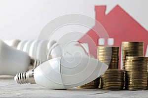 The concept of saving electricity. money, decorative house and different bulbs on a light background