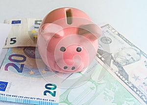 Concept of saving and saving money in a crisis, piggy Bank, euros and dollars paper banknotes on a white background