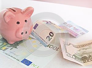 Concept of saving and saving money in a crisis, piggy Bank, euros and dollars paper banknotes on a white background