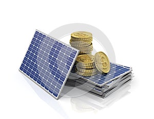Concept of saving money if use solar panel. photo