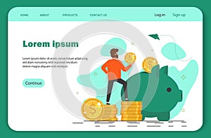 Concept of saving money. Mini business people bring money in a giant piggy bank. Flat design, vector illustration