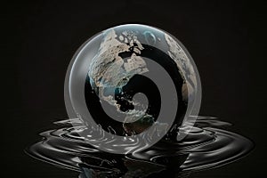 Concept of saving planet, miniature globe floats in oil, black background. AI generated