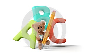 Concept of school. cute teddy bear with pencil and book and ABC 3d-illustration