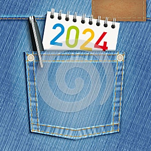 The year 2024 represented on a notepad with a fountain pen in the pocket of a jeans