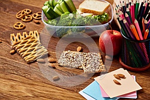 Concept of school lunch break with healthy lunch box and school supplies on wooden desk, selective focus.