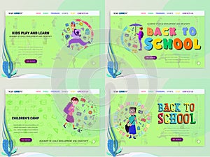 Concept of schoolwork for Website or Web Page. Children and school, learning game and entertainment, landing page.