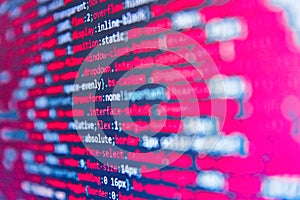 Concept screen of experienced web developer. Coding programmer abstract background. Hi-tech modern screen of data, digits and