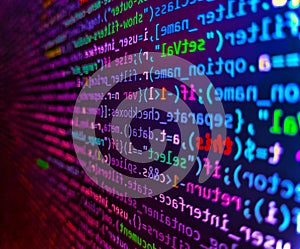 Concept screen of experienced web developer. Digital abstract bits data stream, cyber pattern digital background. Modern tech.