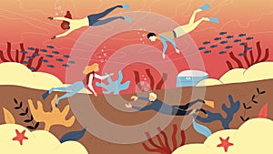 Concept Of Scuba Dive And Active Sport. Underwater Scuba Divers Men and Women Diving in Sea. People Swimming in Ocean in