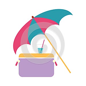 Concept sea vacation, umbrella, refrigerator and cool cocktail vector illustration