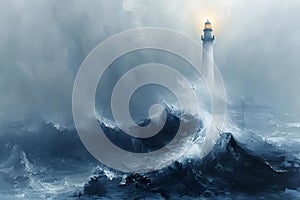 Concept Seafaring Adventures, Maritime Mysteries, Historic Lighthouse Beacon in Tempestuous Seas