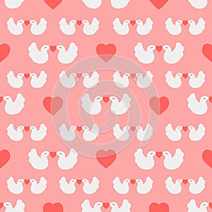 Concept of seamless wedding pattern. Repeating penguins with hearts on pink background. Vector illustration. Design