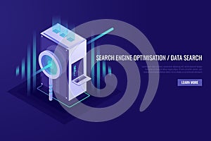 Concept of search engine optimisation and data search. Magnifying glass with server rack. 3d Isometrick style