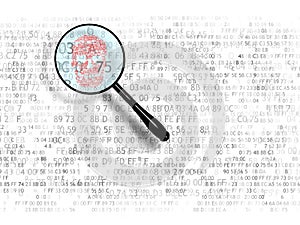 The concept of search in hex code, malicious code. Web search. A magnifying glass looking for