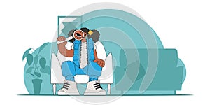 The concept of searching for information. The man is holding a magnifying glass. Linear retro style character.