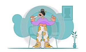 The concept of searching for information. A man holds a magnifying glass in his hands. Linear retro style character.