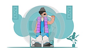 The concept of searching for information. A man holds a magnifying glass in his hands. Linear retro style character.