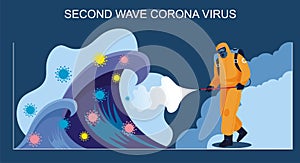 Concept of second wave coronavirus pandemic outbreak.  people in protective clothing perform cleaning