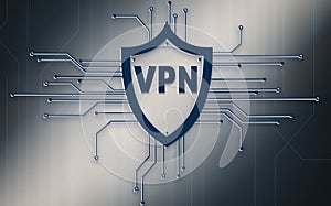 Concept of secure network connection. Acronym VPN on grey background, illustration