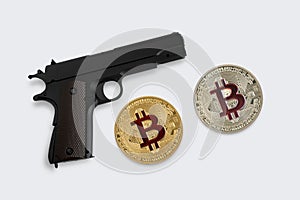 The concept of security bitcoins on a grey background.