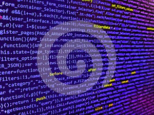 Concept of security, programming and hacking, deep decryption and encryption. Javascript code in bracket software. Computer script