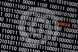 Concept of security and virus.Red text of VIRUS and White binary