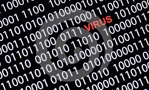 Concept of security and virus.Red text of VIRUS and White binary