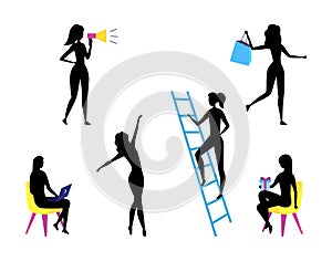 Concept Of Self Employed People Silhouettes. Female Characters Do Shopping, Give Presents, Work And Having Fun. Set Of